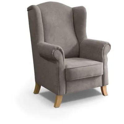 Produktbild von Ohrensessel LEONARDO Relax Sessel für Wohnzimmer, Polstersessel, Plüsch Dunkelbeige, Holzbeine Buche