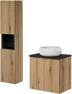 Produktbild von Badmöbel Set ‘Skelbolu’ 2-tlg. Waschtisch 60 x 57 x 39 cm inkl. Waschbecken mit Hochschrank Eicheoptik/Schwarz