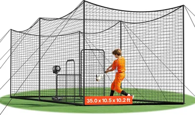 Immagine prodotto di VEVOR Gabbia da baseball (rettangolare) Rete 10668x3200x3100 mm, rete da allenamento portatile con tessuto HDPE a 45 strati e annodato e lunghe corde di posizionamento, incl. rete da allenamento per softball