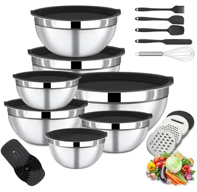 Obrázek produktu pro 7dílná sada nerezových salátových misek s víčky, struhadlem, odměrkami a kuchyňským náčiním, vhodná do myčky nádobí, do kuchyně