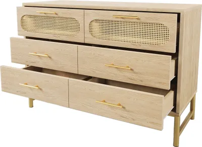 Produktbild von Rattan Kommode Sideboard komodenschrank Schminktisch fuer Wohnzimmer und Schlafzimmer Metallgriffe Kippschutz Multifunktionaler Aufbewahrungsschrank