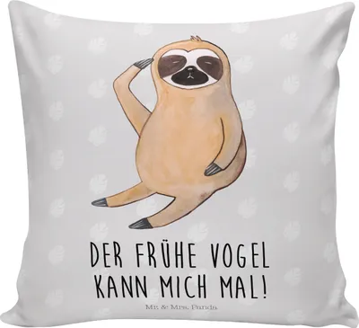 Produktbild von Mr. & Mrs. Panda Dekokissen Faultier Vogel - Grau Pastell - Geschenk, kissen bedruckt, Faultiere, couch, Morgenmuffel, Sofakissen 40x40, Der Frühe, Sofa, kuschelkissen