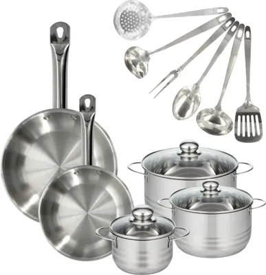 Image de Batterie de cuisine avec 2 poêles 24/28 cm et 3 faitouts 20/24/16 cm avec 6 ustensiles de cuisine Fackelmann Etherna Brillant Oxford