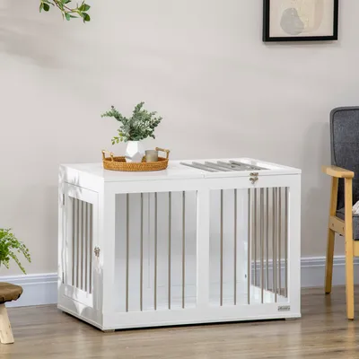 Produktbild von Hundekäfig Weiß mit 2 abschließbaren Türen, Hundebox Stahlgitter & MDF, erhöhter Boden | 80 x 50 x 56,5 cm | 16,5 kg | Weiß+Silber