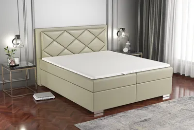 Produktbild von Boxspringbett BUXI 160x200 mit 2 Bettkästen, Bonell-Matratze und Topper. Dekorative Stifte an den Seiten der Kopfstütze. Bett Komplett-Set mit Matratze,Bettkasten & Kopfteil. Stoff Eko Cayenne. Elegantes Bett mit massives Kopfteil.