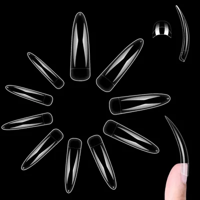 Immagine prodotto di Punte per unghie finte a forma di stiletto, leggermente curve, extra lunghe, 500 pezzi, 10 dimensioni, adatte per acrilico o gel, copertura parziale, trasparenti