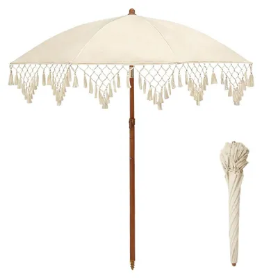 Produktbild von Strandschirm Boho mit Fransen Sonnenschutzfaktor 50 Beige