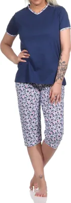Obrázek produktu pro Dámské pyžamo capri s květinovým vzorem, krátké pyžamo s 3/4 capri kalhotami - 12320410152 ; navy , 36-38