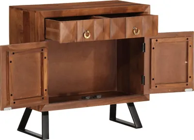 A wooden cabinet with two doors and two drawers, shown from the front with the doors and one drawer open.