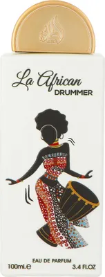 A perfume bottle with a graphic illustration of a woman drumming.