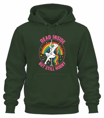 Productafbeelding van "Binnenin leeg, maar nog steeds wild: Eenhoorn, paaldans, regenboog, grappige uni hoodie, smaragdgroen, maat M."