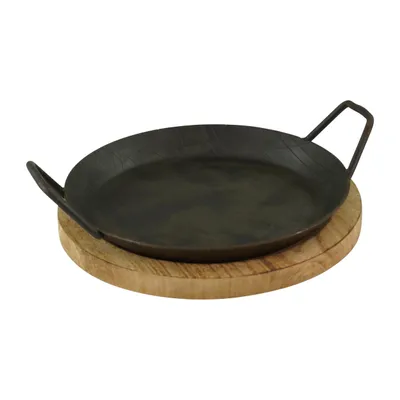 Produktbild von 1 Stück Servierpfanne aus Schmiedeeisen mit zwei Seitengriffen und Brett ø 24cm