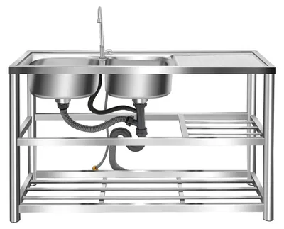 Produktbild von Freistehende Gastronomiespüle - Doppelbecken aus 201 Edelstahl - 360° Wasserhahn - Abtropf- und Arbeitsfläche - 3-stöckiges Ablageregal - Silber