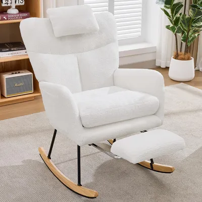 Produktbild von okwish Relaxsessel mit integrierter Fußstütze,Relaxsessel ergonomisch gestaltet,Teddy Stoff,Pflegesessel für Wohnzimmer in Weiß