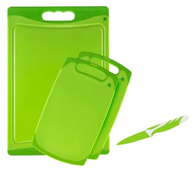A set of green cutting boards and a knife on a white background.
