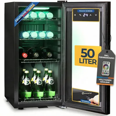 Produktbild von Sommertal Kühlschrank GK 50– Leiser Getränkekühlschrank ohne Gefrierfach mit RGB LED, Touchscreen & Schloss kleiner Flaschenkühlschrank schwarz 50L