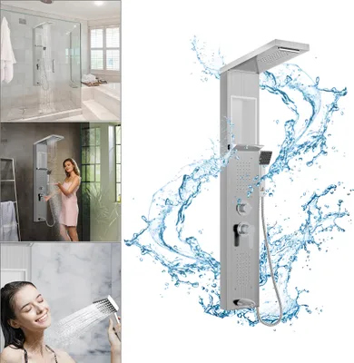 A collage of images showing a shower system in different settings, including a modern bathroom, a woman using the shower, and a close-up of a person showering.