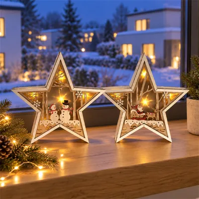 Produktbild von LED Holzstern 2er Set, beleuchteter Weihnachtsstern aus Holz, warmweiß, je 26 cm