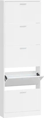 A tall, narrow white shoe cabinet with multiple flip-down drawers.