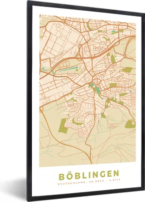 Produktbild von MuchoWow® Gerahmtes Poster Böblingen - Karte - Vintage - Stadtplan 60x90 cm - Poster mit Schwarzem Bilderrahmen Wandposter Rahmen Foto Bilder - Kunst