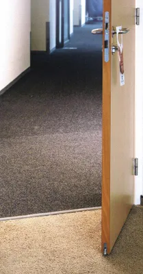A partially open door in a hallway, showing carpeted flooring.