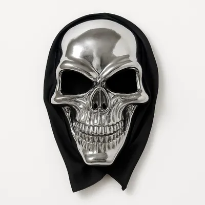 Produktbild von Totenkopfmaske Silber mit Stoff – Horror Maske Schädel Maske Halloween Kostüm Accessoire