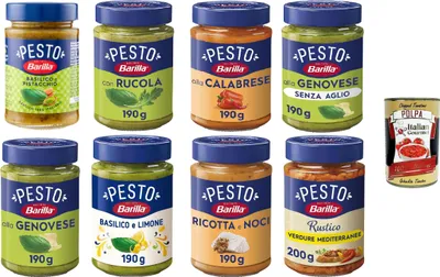 Produktbild von Sugo Pesto Megapack 8x 190g, genovese, senz'aglio, mediterraneo, alla calabrese, limone, pistacchio, rucola, ricortta e noci, Glutine frei + Italian gourmet polpa 400g