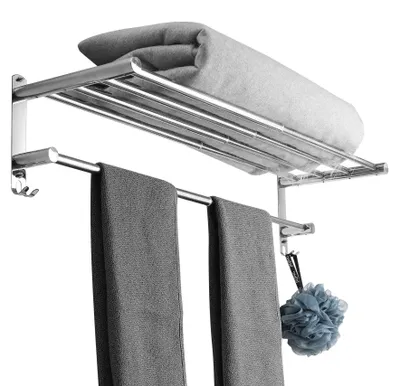 Productafbeelding van Uittrekbare handdoekhouder, 43-78 cm, roestvrij staal, zonder boren. Handdoekstang voor aan de muur, wandplank. Geschikt voor badkamer, keuken, handdoekhouder (plank met 2 lagen)