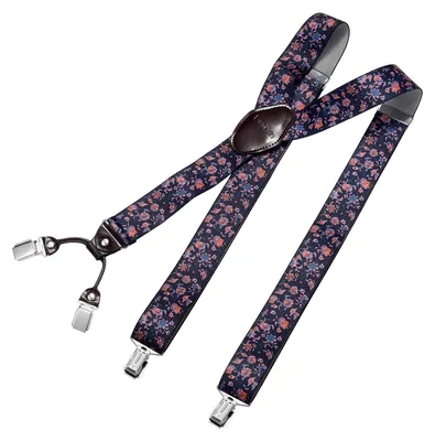 Produktbild von DonDon Herren Hosenträger 3,5 cm breit 4 Clips mit braunem Leder in Y-Form elastisch und längenverstellbar - Blumen