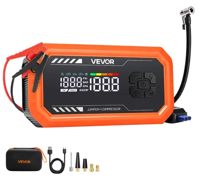 Image de Batterie de démarrage portable VEVOR 3000 A, dispositif de démarrage d'urgence pour moteurs essence (9 litres) et diesel (6,5 litres), avec manomètre pour pneus (150 psi), lampe de poche LED, arrêt automatique et chargeur 12 V