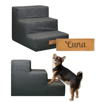 Produktbild von Hundetreppe 3 Stufen personalisiert mit Namen, Haustiertreppe für Hunde und Katzen, Einstiegshilfe für ältere und kranke Tiere, Hunderampe