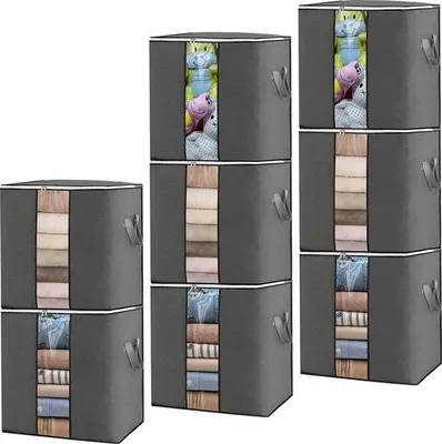 Produktbild von Unyqoos® 8er-Set Aufbewahrungstaschen 90 L – faltbare Kleiderboxen mit Deckel, verstärktem Griff, Reißverschluss & Sichtfenster, grau (48 x 46 x 28 cm)
