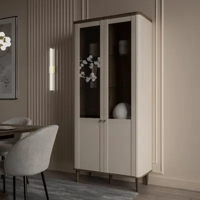 Produktbild von Forte LACETTI Vitrine 90, moderne Wohnzimmervitrine mit Skandi Lamellen Design, 2-türig, Holzwerkstoff, Kaschmir | Beige mit Valencia Eiche Holzdekor, 90,1 cm breit x 200,5 cm hoch x 41,2 cm tief