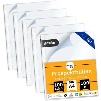 Produktbild von perfect line 100 Prospekthüllen A4 Typ L seitlich offen PP 100 my glasklar dokumentenecht