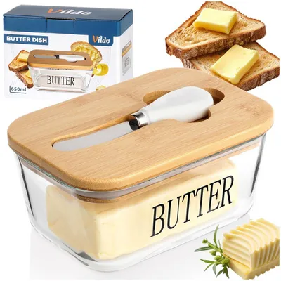 Produktbild von Vilde | Butterdose - aus Glas - mit Bambusdeckel und Buttermesser - Aufbewahrung für Kühlschrank und Tisch