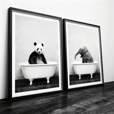 Leinwandbilder Tiere Badewanne, 2er-Set, 30x40 cm, ohne Rahmen
