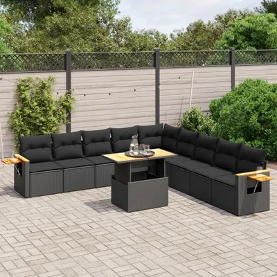 Produktbild von Design 11-tlg. Garten-Sofagarnitur mit Kissen Schwarz Poly Rattan, Gartenmöbel-Sets 2024 Neu