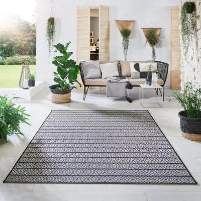 Produktbild von Steffensmeier Indoor Outdoor Teppich Öland Balkon Terrasse Küche Garten wasserfest Kunststoff, strapazierfähig , Streifen Schwarz Beige, 280x380 cm