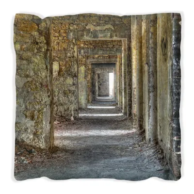 Produktbild von Wallario Premium Kissen, weiche Oberfläche, mit Motiv Weg durch eine verlassene Ruine, Größe: 30 x 30 cm, mit weißer Rückseite
