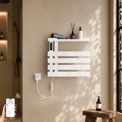 Immagine prodotto di S'AFIELINA Scaldasalviette Elettrico con Ripiano 450×500 mm 148W Bianco,Termoarredo WiFi, Riscaldamento in Fibra di Carbonio, 6 Modalità