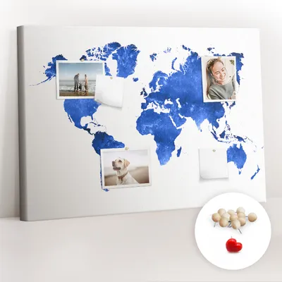 Immagine prodotto di Lavagna in sughero con puntine - Pannello forato per foto e appunti - 100x70 cm - Spille di legno, 100 pezzi - Mappa del mondo Kosmos