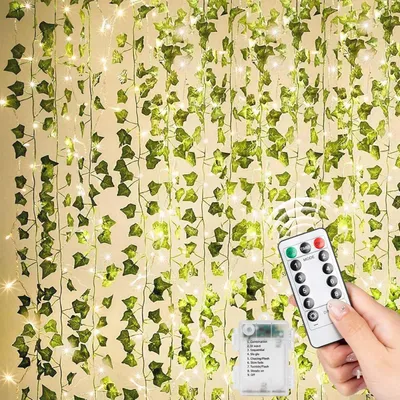 Zdjęcie produktu dla Girlanda świetlna w kształcie bluszczu, 80 diod LED, zestaw 12 sztuk, długość 10 metrów, ciepła biel, możliwość regulacji jasności, timer, pilot zdalnego sterowania