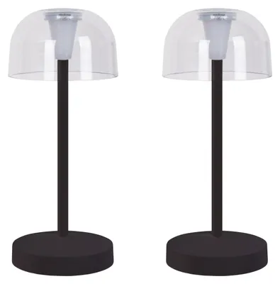 Zdjęcie produktu dla Lampiony stołowe – zestaw 2 sztuk. Bezprzewodowe lampy stołowe "GOMBA", wysokość: 18,5 cm, kolor: czarny. Lampy stołowe do użytku zewnętrznego, w nowoczesnym stylu, wykonane z metalu i tworzywa sztucznego, czarne, wysokość 18,5 cm, średnica 8 cm. Płyta LED – możliwość regulacji jasności – czujnik dotykowy – zasilanie bateryjne