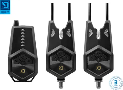 Three black fishing bite alarms are displayed against a white background. The leftmost alarm is slightly different from the other two, suggesting it might be a receiver unit. The other two appear to be the main bite alarms. A small blue and white logo is i