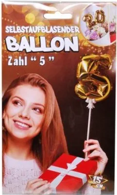 Produktbild von Folien Ballon zum Geburtstag mit Zahl 5 selbstaufblasend Farbe gold