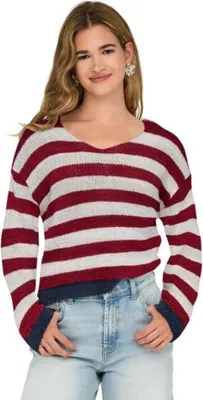 Produktbild von ONLY ONLGEENA 7/8 REVERSE V-NECK CC KNT Karanda Red/Cloud Dancer/Total Ecli XL