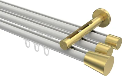 Produktbild von Interdeco Innenlaufstange / Gardinenstange mit Innenlauf Weiß / Messing-Optik, Typ Siteno Sitra (Konus), 20 mm Ø 3-läufig, 220 cm