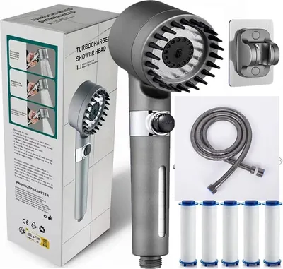 Produktbild von Grauer Duschkopf Hochdruck, wassersparend, 3 Modi, Kopfhautmassage, Filter, Pausenfunktion, inkl. 1,5 m Schlauch & Halterung, einfach Montage