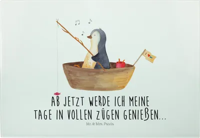 Produktbild von Mr. & Mrs. Panda Brotzeitplatte Pinguin Angelboot - Weiß - Geschenk, Angeln, Hackbrett, Frühstücksbrett, Schneidebrett, Küchenbrett, Vesperplatte, Boot, Optimistisch