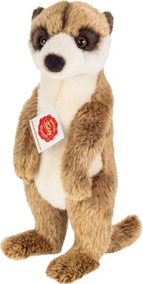 A stuffed meerkat toy standing upright against a white background.